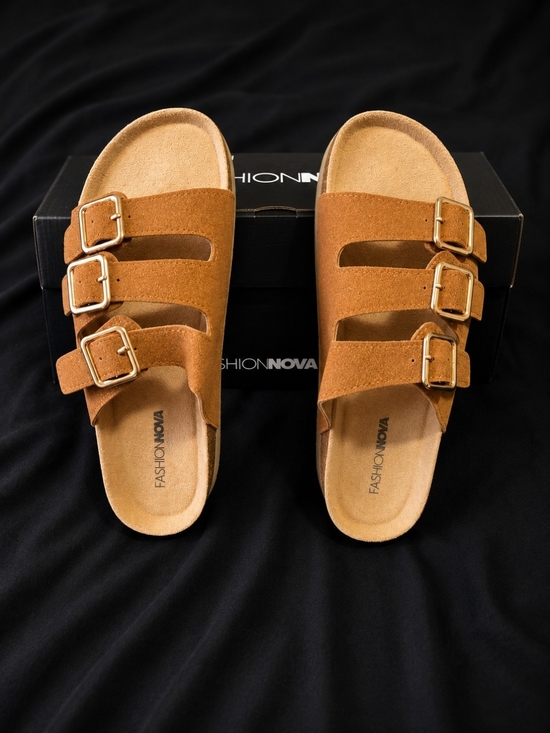 Fashion Nova Shoes - Fashion Nova Triple-Buckle Suede Slides in Camel Brown